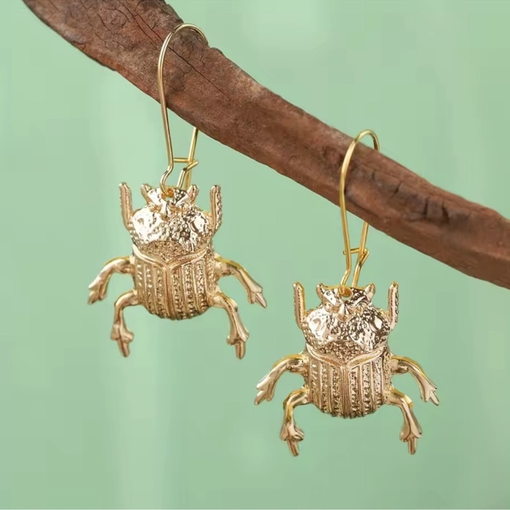Gold Scarab Beetle Drop Earrings - Picture 3 of 5